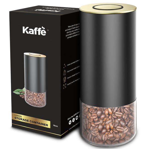 Kaffe Airtight Coffee Storage Container - Round - Black/Gold - 16oz KF3032G